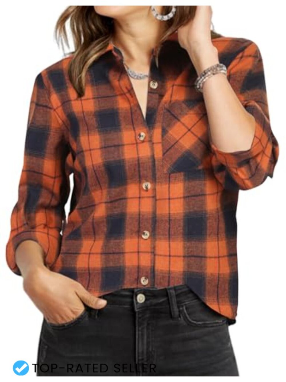 Women's Plaid Flannel Button Down Shirt Long Sleeve Cotton Blend